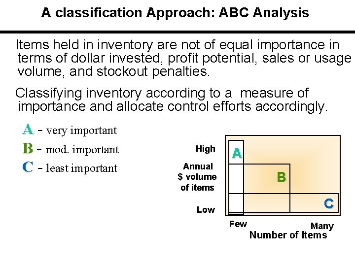 A classification Approach: ABC Analysis Items held in inventory are not of equal importance