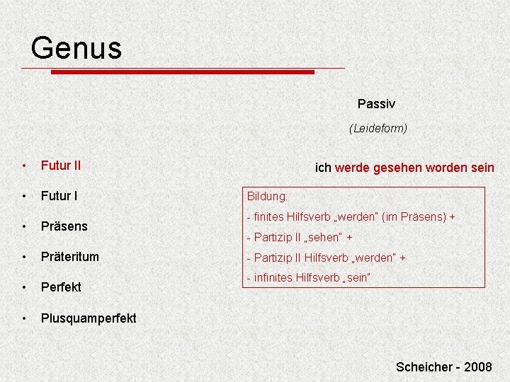 Genus Passiv (Leideform) • Futur II • Futur I • Präsens • Präteritum •