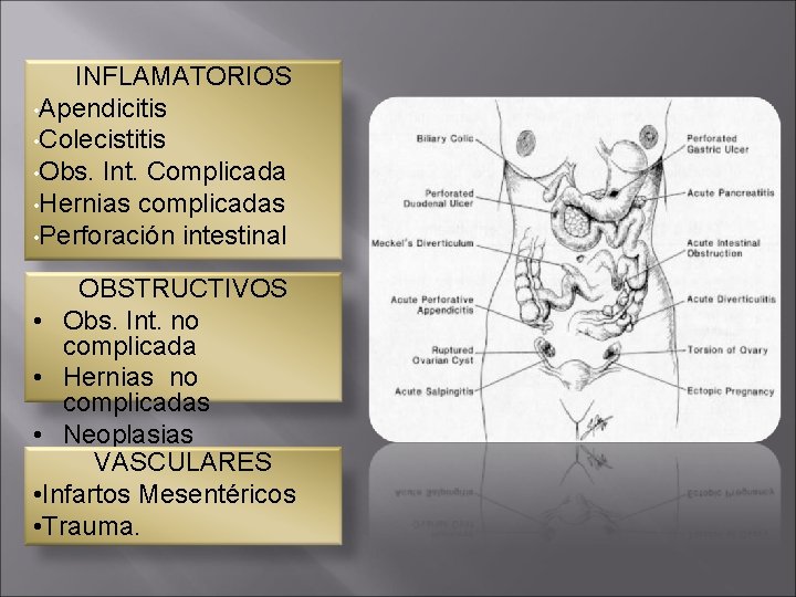 INFLAMATORIOS • Apendicitis • Colecistitis • Obs. Int. Complicada • Hernias complicadas • Perforación