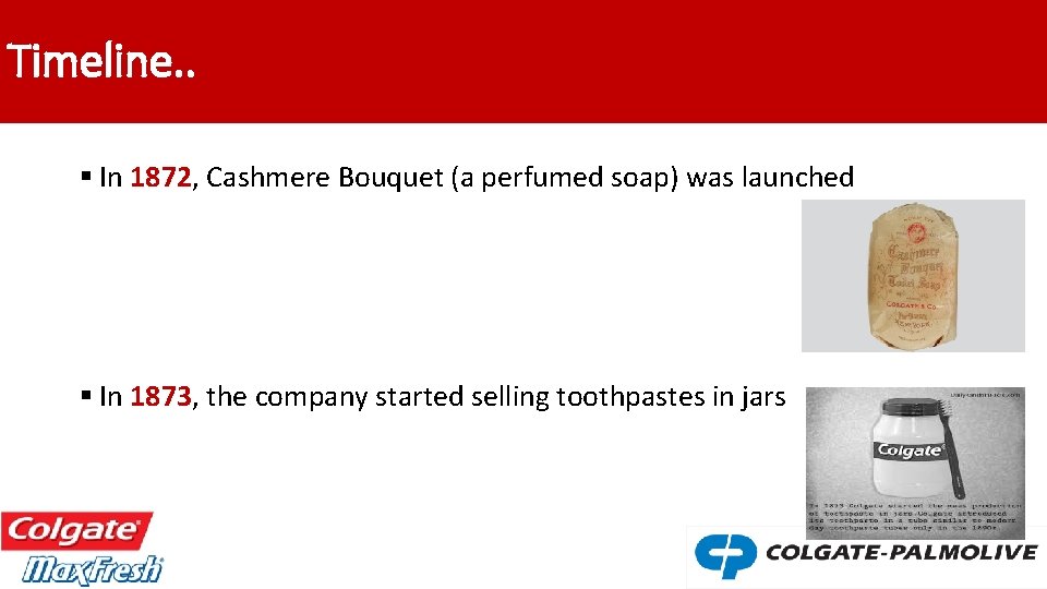 Timeline. . § In 1872, Cashmere Bouquet (a perfumed soap) was launched § In