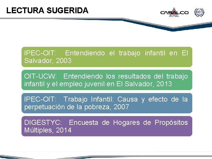 LECTURA SUGERIDA IPEC-OIT: Entendiendo el trabajo infantil en El Salvador, 2003 OIT-UCW: Entendiendo los