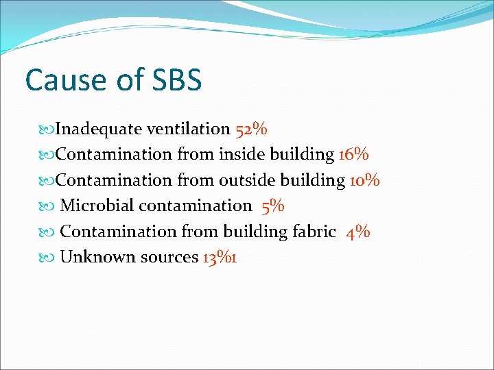 Cause of SBS Inadequate ventilation 52% Contamination from inside building 16% Contamination from outside