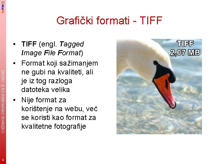 Udžbenik informatike za 8. razred Grafički formati - TIFF 9 • TIFF (engl. Tagged