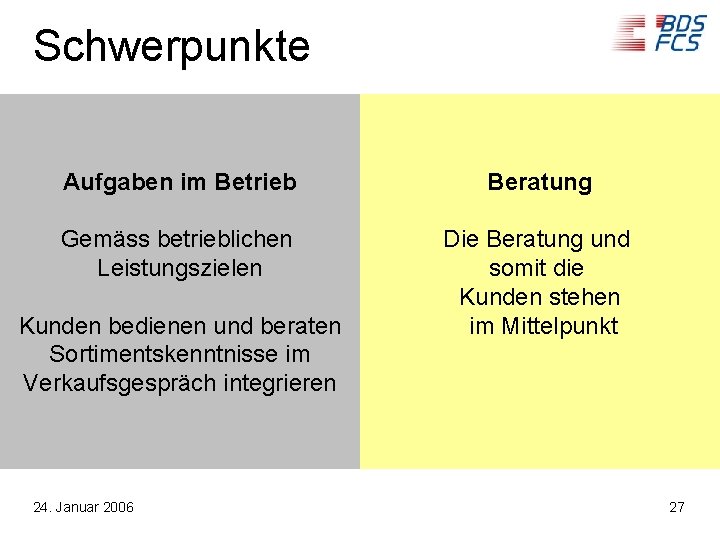 Schwerpunkte Aufgaben im Betrieb Beratung Gemäss betrieblichen Leistungszielen Die Beratung und somit die Kunden