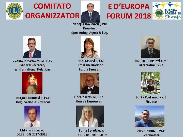 COMITATO ORGANIZZATOR E D’EUROPA FORUM 2018 Nebojsa Davidovski, PDG President, Sponsoring, Agora & Legal