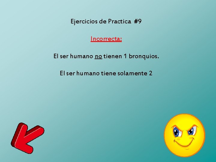 Ejercicios de Practica #9 Incorrecta: El ser humano no tienen 1 bronquios. El ser