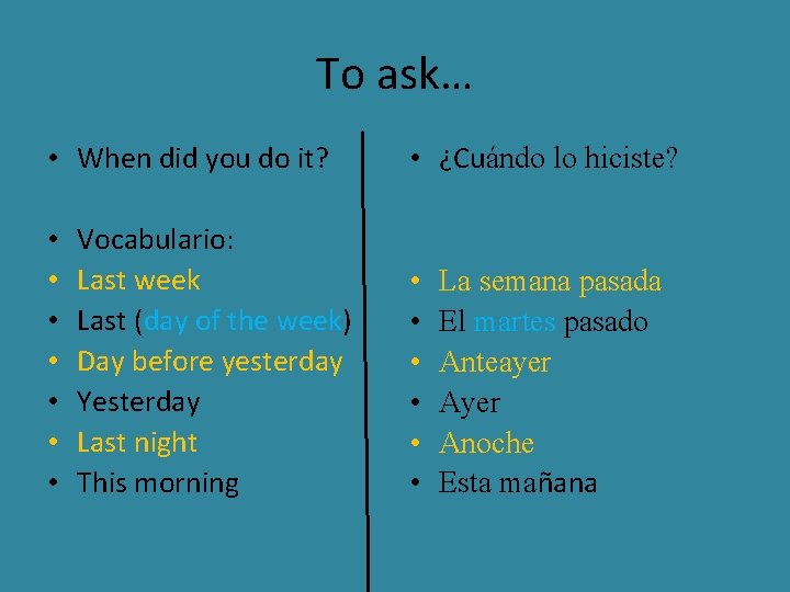 To ask… • When did you do it? • • Vocabulario: Last week Last