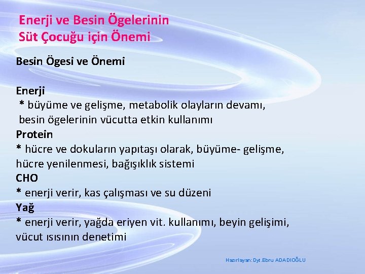 Enerji ve Besin Ögelerinin Süt Çocuğu için Önemi Besin Ögesi ve Önemi Enerji *