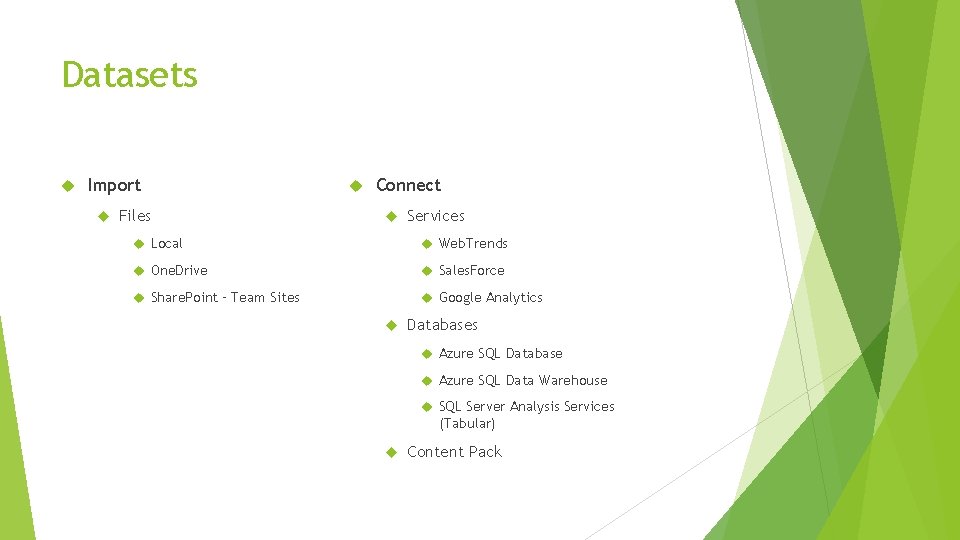 Datasets Import Files Connect Services Local Web. Trends One. Drive Sales. Force Share. Point