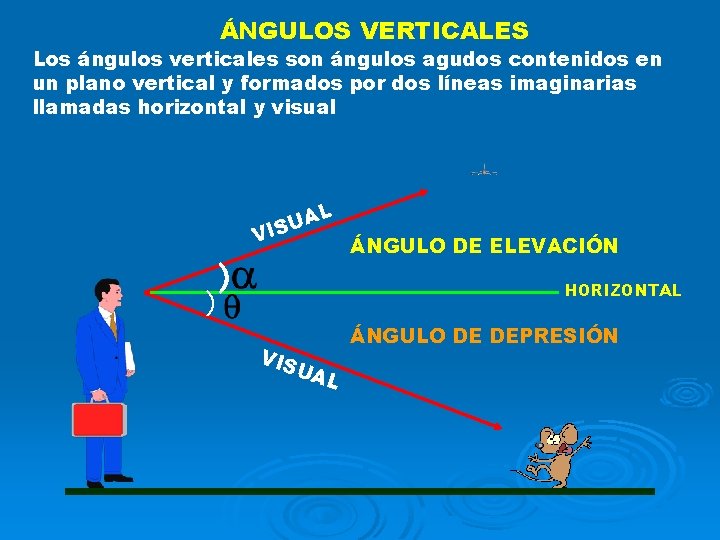ÁNGULOS VERTICALES Los ángulos verticales son ángulos agudos contenidos en un plano vertical y