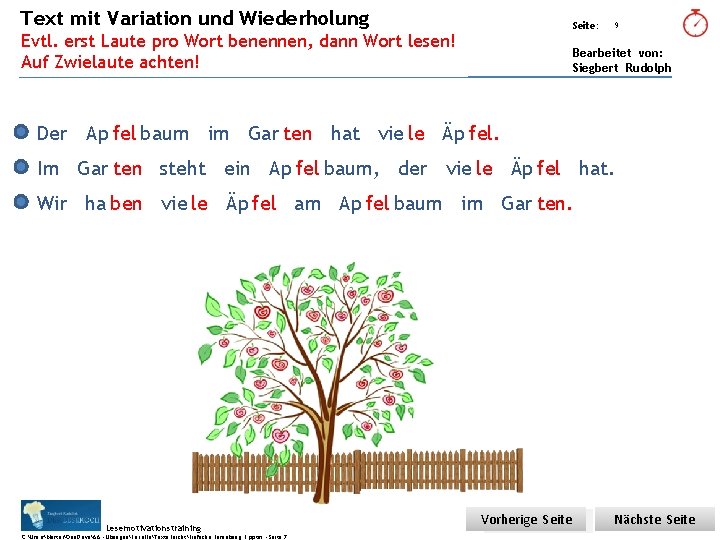 Text mit Variation und Wiederholung Übungsart: Seite: Evtl. erst Laute pro Wort benennen, dann