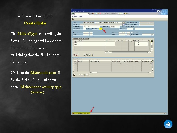 A new window opens: Create Order The PMAct. Type field will gain focus. A