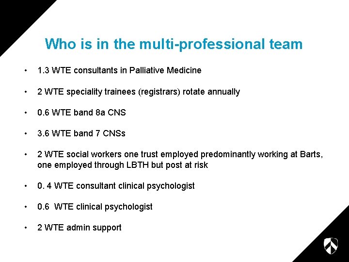 Who is in the multi-professional team • 1. 3 WTE consultants in Palliative Medicine