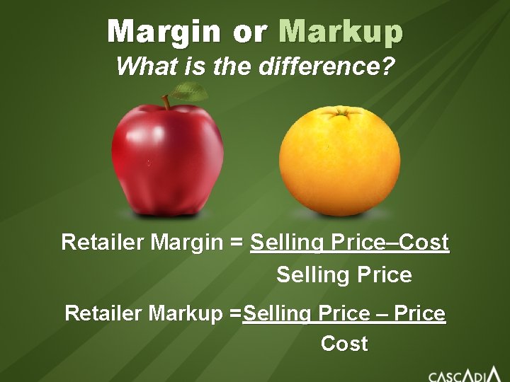 Margin or Markup What is the difference? Retailer Margin = Selling Price–Cost Selling Price