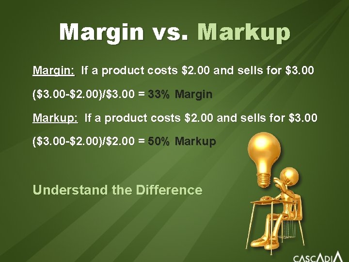 Margin vs. Markup Margin: If a product costs $2. 00 and sells for $3.