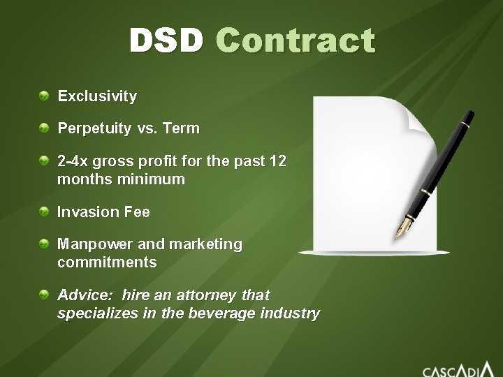 DSD Contract Exclusivity Perpetuity vs. Term 2 -4 x gross profit for the past