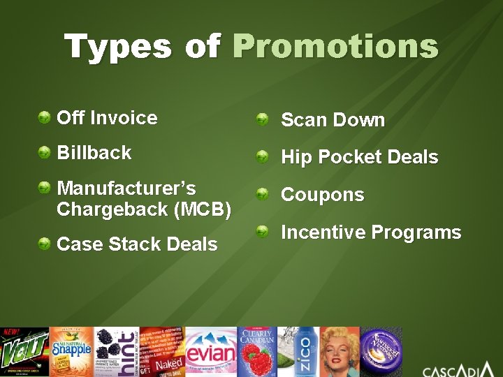 Types of Promotions Off Invoice Scan Down Billback Hip Pocket Deals Manufacturer’s Chargeback (MCB)