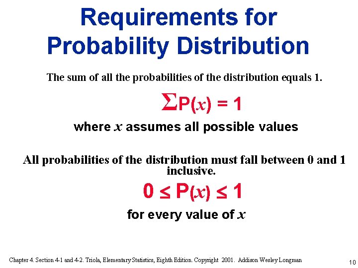 Requirements for Probability Distribution The sum of all the probabilities of the distribution equals