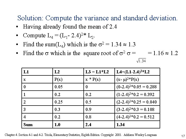 Solution: Compute the variance and standard deviation. • • Having already found the mean