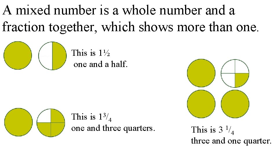 A mixed number is a whole number and a fraction together, which shows more