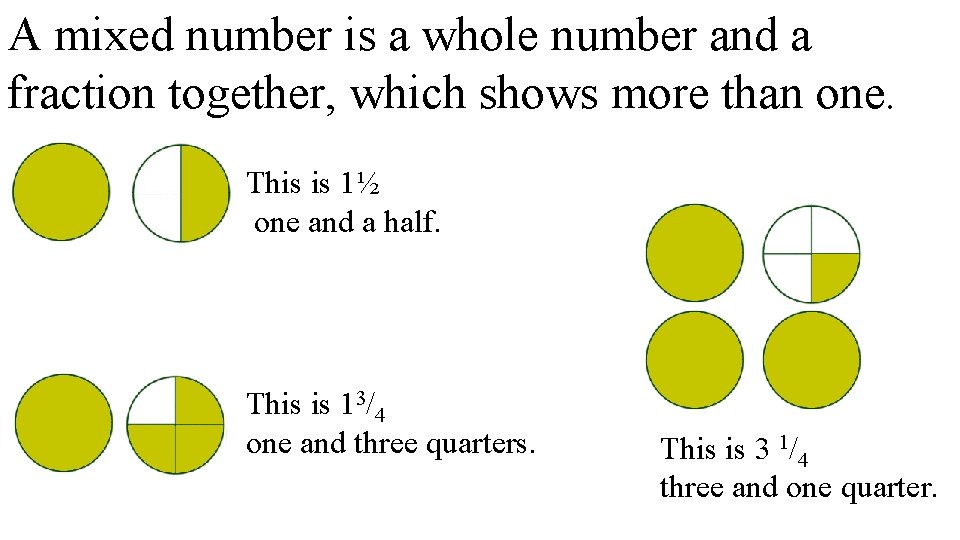 A mixed number is a whole number and a fraction together, which shows more