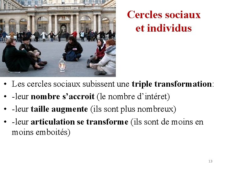 Cercles sociaux et individus • • Les cercles sociaux subissent une triple transformation: -leur