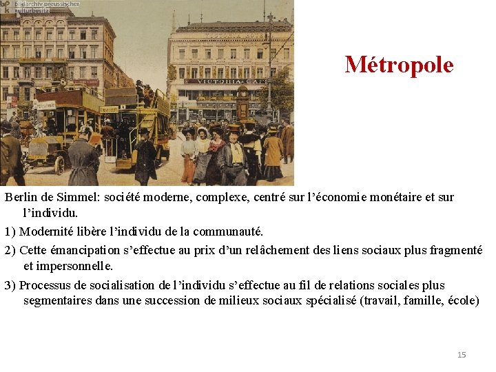 Métropole Berlin de Simmel: société moderne, complexe, centré sur l’économie monétaire et sur l’individu.