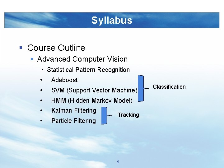 Syllabus § Course Outline § Advanced Computer Vision • Statistical Pattern Recognition • Adaboost