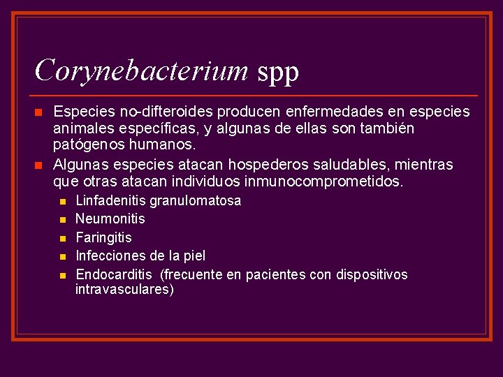 Corynebacterium spp n n Especies no-difteroides producen enfermedades en especies animales específicas, y algunas