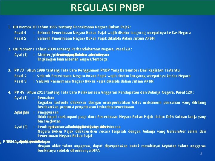 REGULASI PNBP 1. UU Nomor 20 Tahun 1997 tentang Penerimaan Negara Bukan Pajak: Pasal