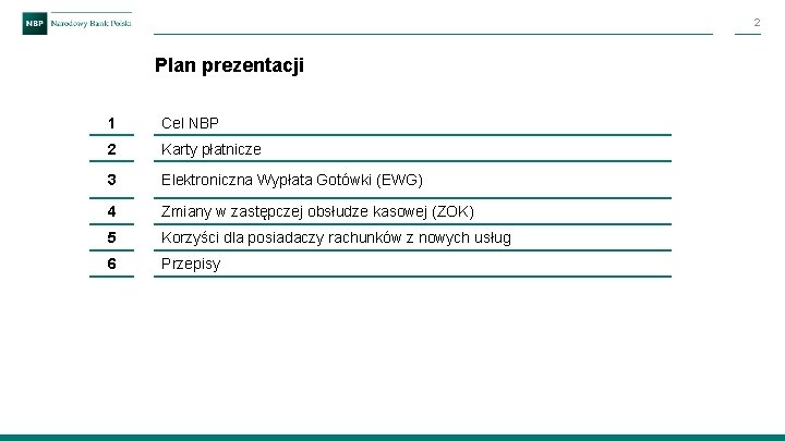 2 Plan prezentacji 1 Cel NBP 2 Karty płatnicze 3 Elektroniczna Wypłata Gotówki (EWG)