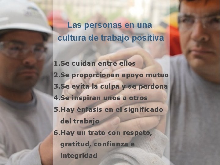 Las personas en una cultura de trabajo positiva 1. Se cuidan entre ellos 2.