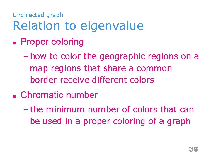 Undirected graph Relation to eigenvalue n Proper coloring – how to color the geographic