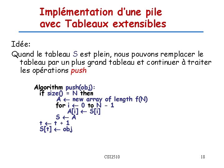 Implémentation d’une pile avec Tableaux extensibles Idée: Quand le tableau S est plein, nous