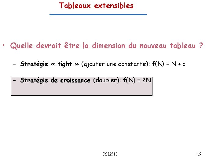 Tableaux extensibles • Quelle devrait être la dimension du nouveau tableau ? – Stratégie