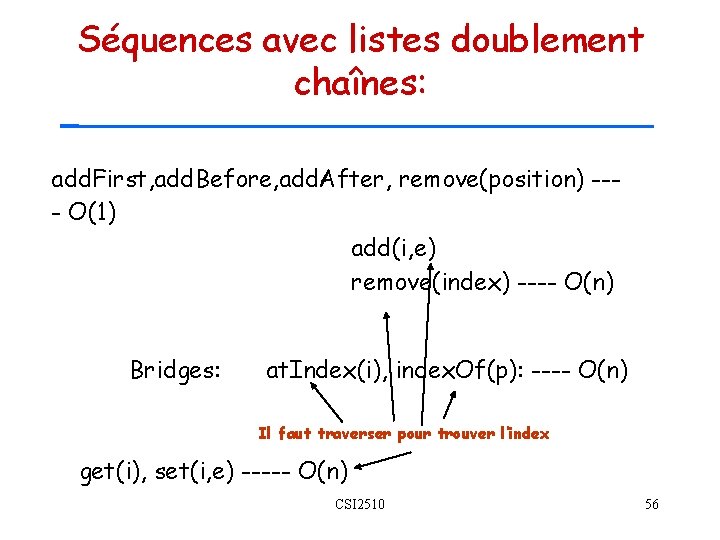 Séquences avec listes doublement chaînes: add. First, add. Before, add. After, remove(position) --- O(1)
