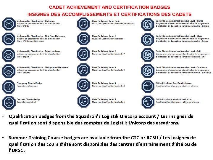  • Qualification badges from the Squadron’s Logistik Unicorp account / Les insignes de