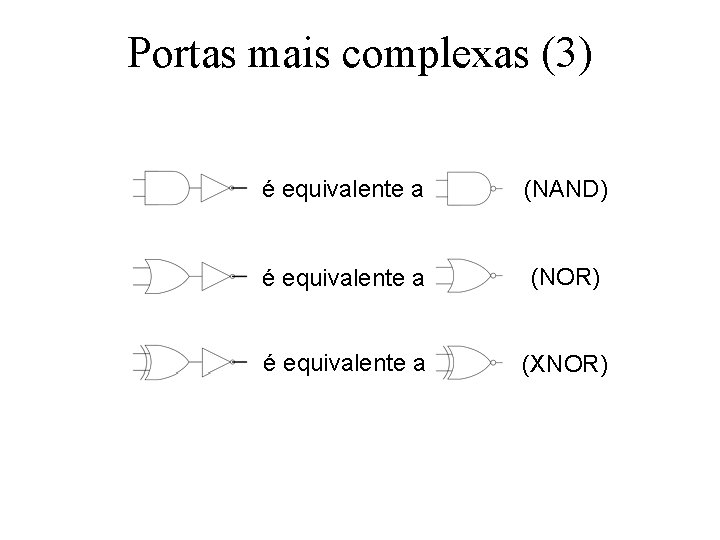Portas mais complexas (3) é equivalente a (NAND) é equivalente a (NOR) é equivalente