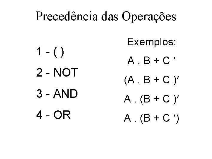 Precedência das Operações 1 -() 2 - NOT Exemplos: A. B+C (A. B +