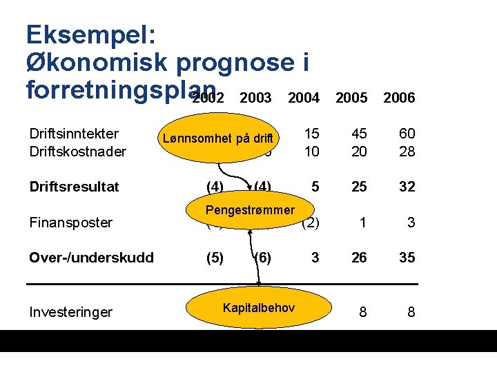 Eksempel: Økonomisk prognose i forretningsplan 2002 2003 2004 2005 2006 Driftsinntekter Driftskostnader 0 på