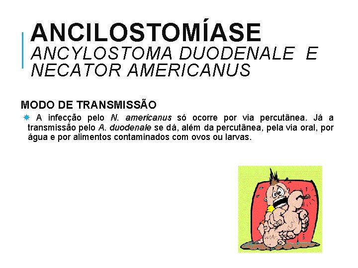 ANCILOSTOMÍASE ANCYLOSTOMA DUODENALE E NECATOR AMERICANUS MODO DE TRANSMISSÃO A infecção pelo N. americanus