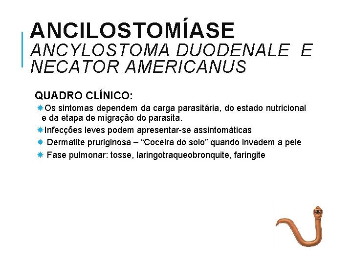 ANCILOSTOMÍASE ANCYLOSTOMA DUODENALE E NECATOR AMERICANUS QUADRO CLÍNICO: Os sintomas dependem da carga parasitária,
