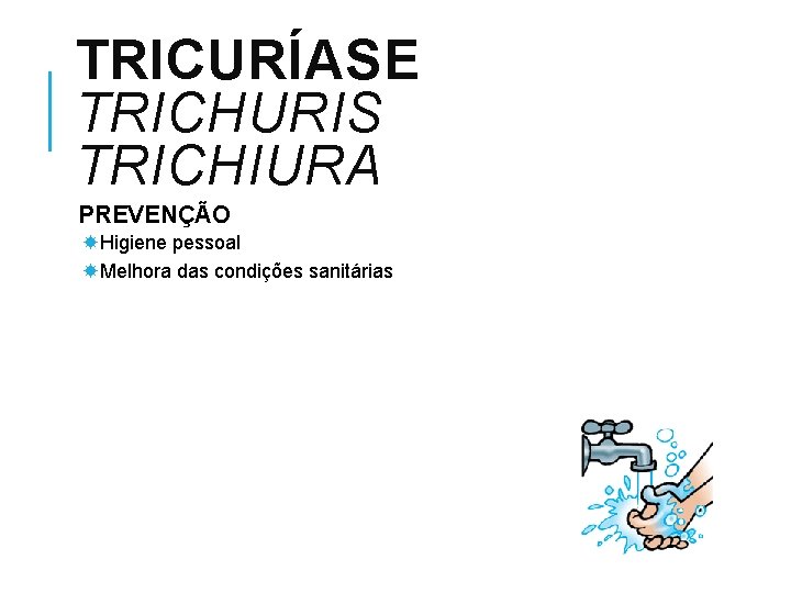 TRICURÍASE TRICHURIS TRICHIURA PREVENÇÃO Higiene pessoal Melhora das condições sanitárias 