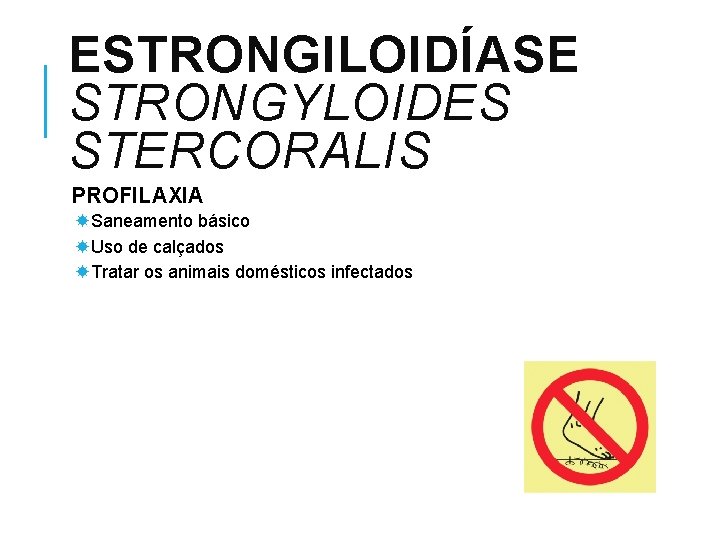 ESTRONGILOIDÍASE STRONGYLOIDES STERCORALIS PROFILAXIA Saneamento básico Uso de calçados Tratar os animais domésticos infectados