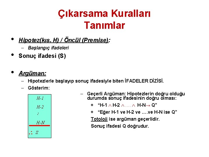 Çıkarsama Kuralları Tanımlar • Hipotez(kıs. H) / Öncül (Premise): – Başlangıç ifadeleri • Sonuç