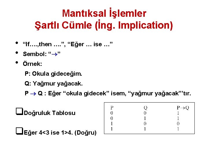 Mantıksal İşlemler Şartlı Cümle (İng. Implication) • • • “If…. , then …. ”,