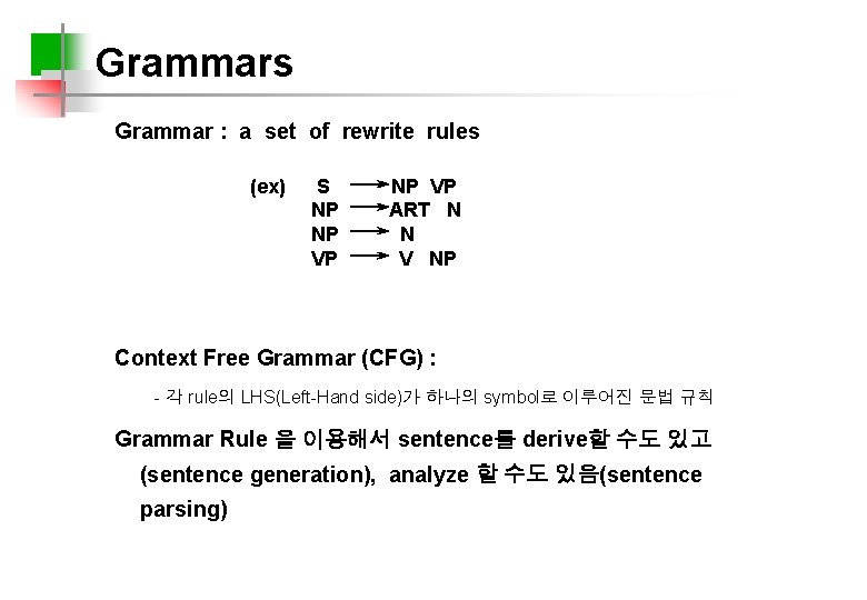 Grammars Grammar : a set of rewrite rules (ex) S NP NP VP ART