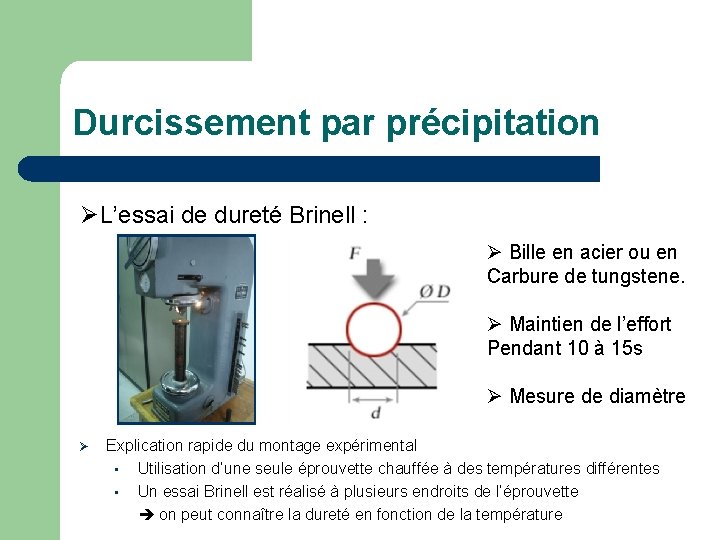 Durcissement par précipitation ØL’essai de dureté Brinell : Ø Bille en acier ou en