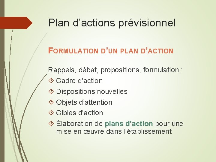 Plan d’actions prévisionnel FORMULATION D’UN PLAN D’ACTION Rappels, débat, propositions, formulation : Cadre d’action