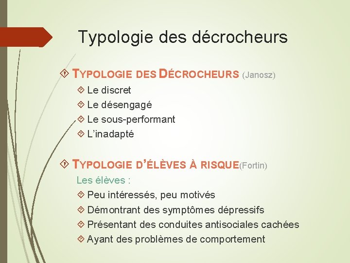 Typologie des décrocheurs TYPOLOGIE DES DÉCROCHEURS (Janosz) Le discret Le désengagé Le sous-performant L’inadapté Typologie des décrocheurs TYPOLOGIE DES DÉCROCHEURS (Janosz) Le discret Le désengagé Le sous-performant L’inadapté